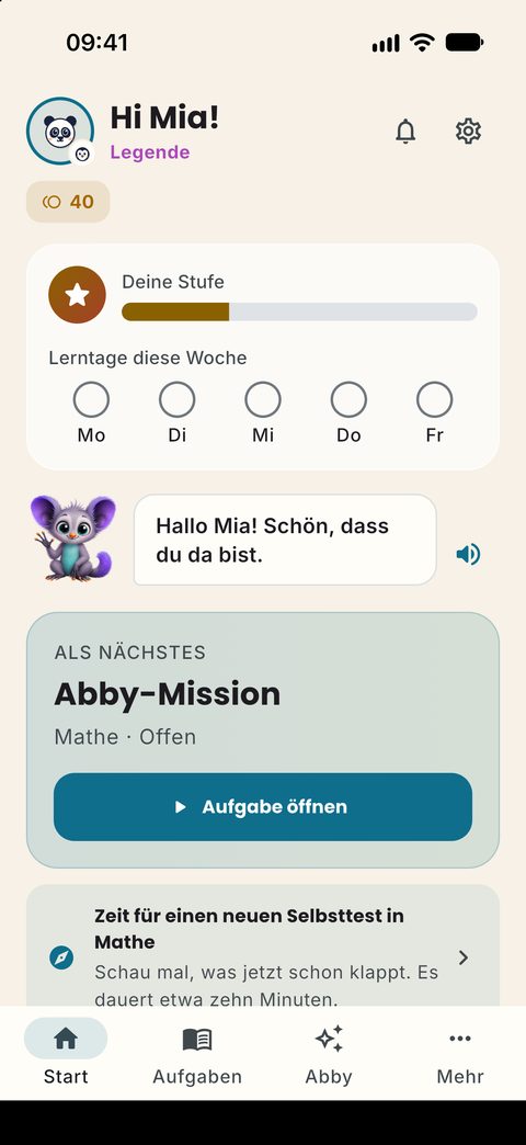UpGrade Startseite: Abby begrüßt das Kind und zeigt, was als Nächstes dran ist