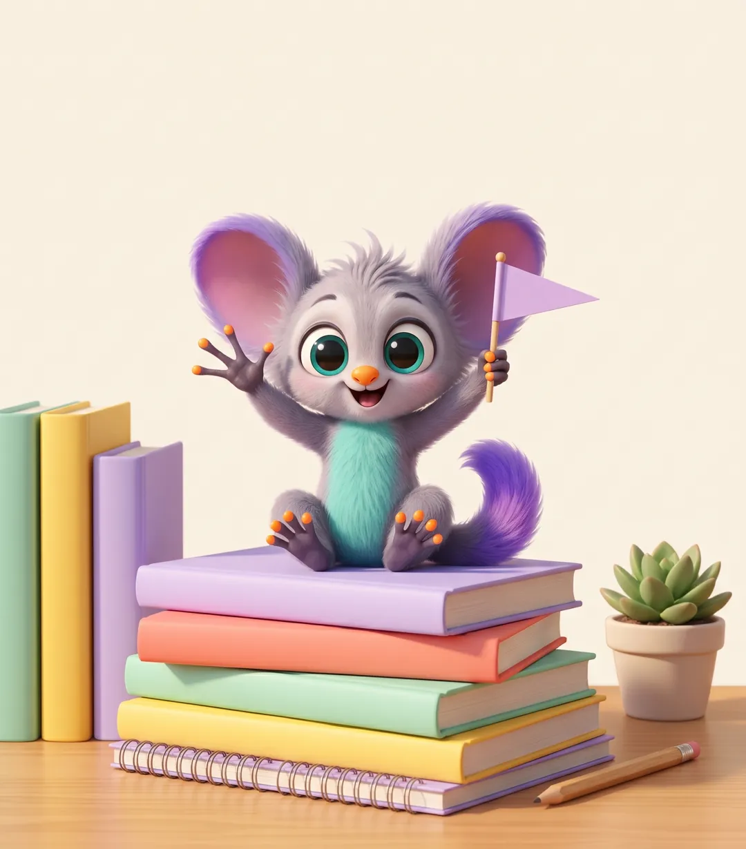 Abby sitzt auf einem Stapel bunter Schulbücher, winkt und hält eine kleine lila Fahne
